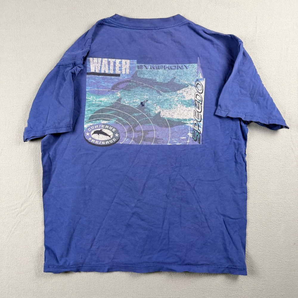 Vintage Speedo Water Symphony Dolphin Graphic T-Shirt Mens Large Blue Distressed